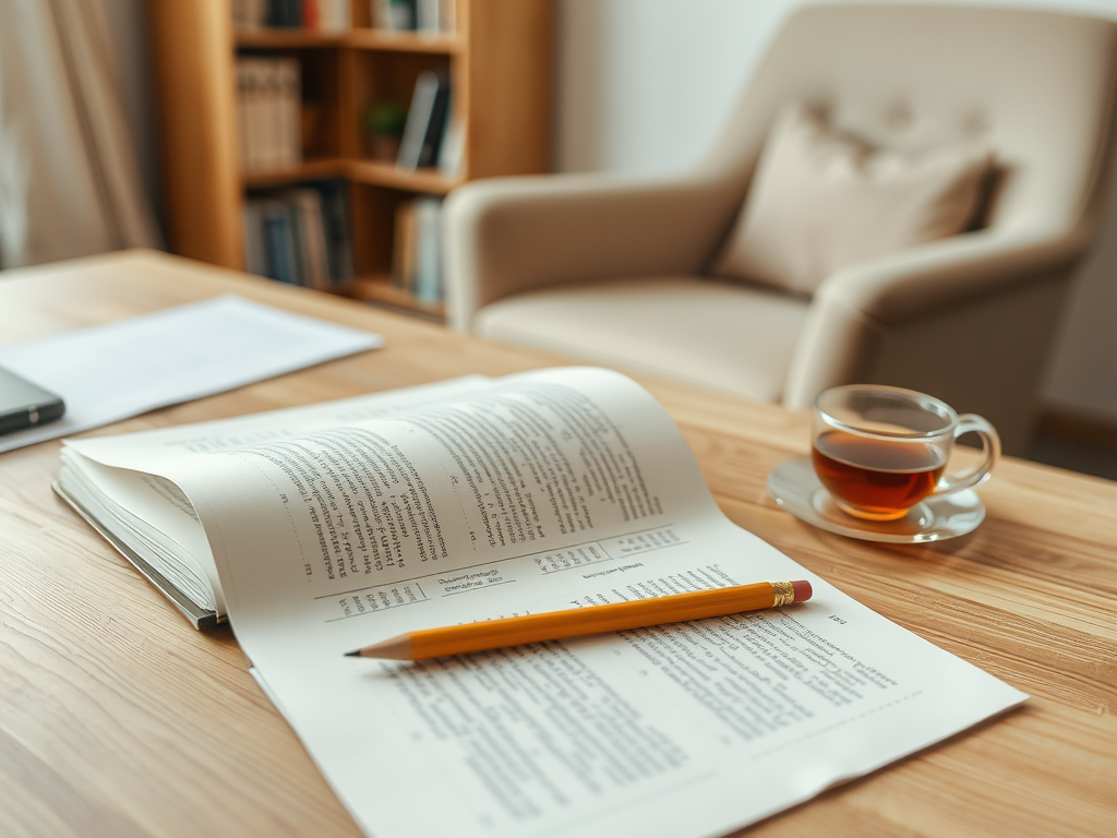На столе открытая книга с карандашом и чашкой чая, в фоновом плане виден стул и книжный шкаф.