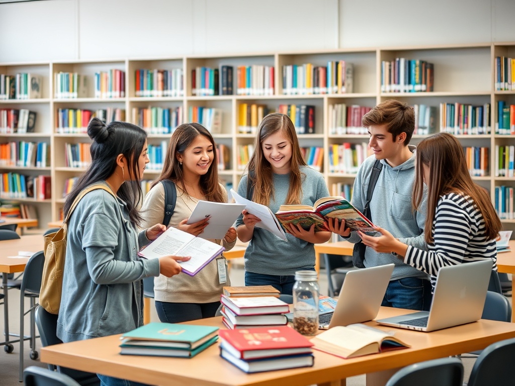 Группа студентов обсуждает книги и задания в библиотеке, окруженные полками с книгами.