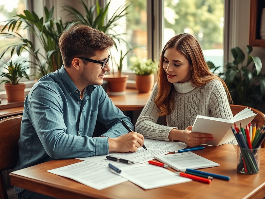 Два человека за обсуждением документов и книг в уютном офисе, окруженном зелеными растениями.