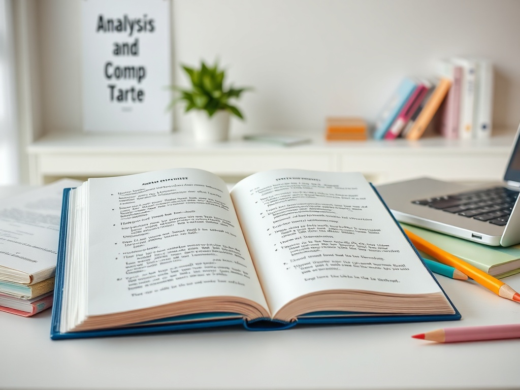 Открытая книга на столе среди учебных материалов, ноутбука и цветных карандашей. На стене плакат с надписью.