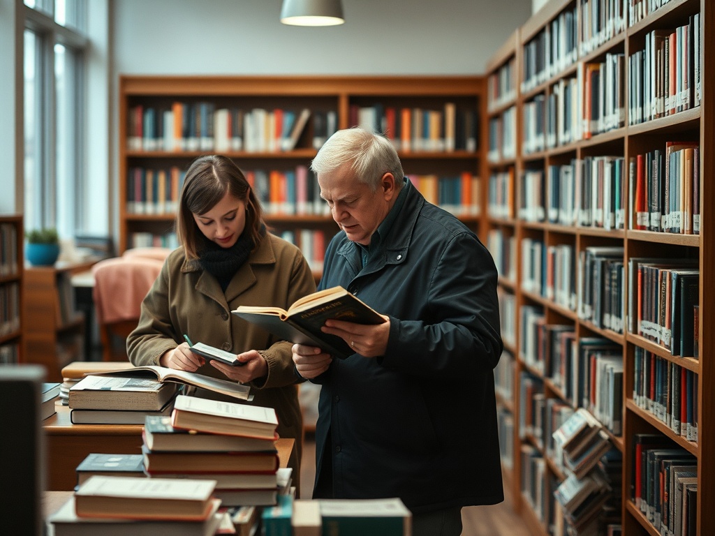 Два человека в библиотеке читают книги, окруженные полками с множеством книг. Атмосфера спокойная и уютная.