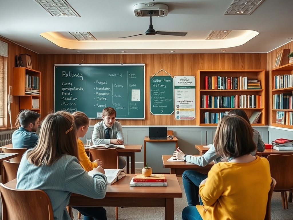 В аудитории студенты обсуждают тему, на доске записаны ключевые моменты урока. На столе лежат книги.