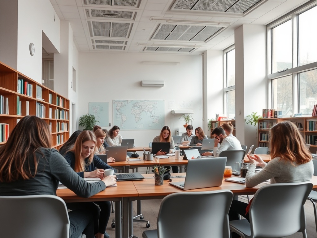 Группа студентов работает в современном офисе с большими окнами и библиотекой на заднем фоне.