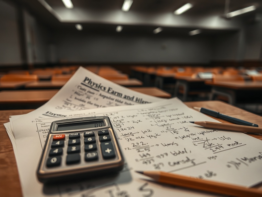 На столе лежат экзаменационные материалы по физике, калькулятор, ручка и карандаш в пустом классе.