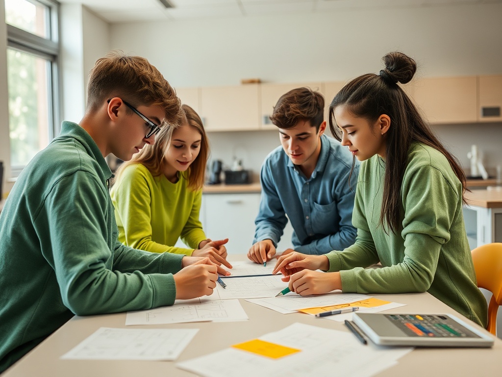 Четверо молодых людей работают за столом, обсуждая задания и чертежи в светлом классе.